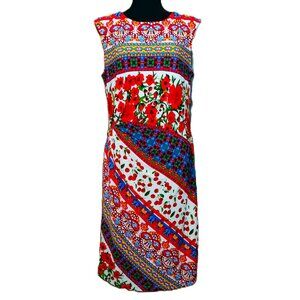 Chetta B Dress Wild Cherry Floral Mosaic Artsy Sleeveless Midi Ruched Waist 12
